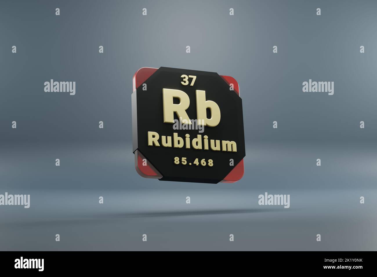 Schöne abstrakte Illustrationen stehen schwarz und rot Rubidium Element des Periodensystems. Modernes Design mit goldenen Elementen, 3D Rendering illu Stockfoto