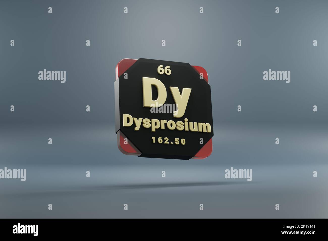 Schöne abstrakte Illustrationen stehen schwarz und rot Dysprosium Element des Periodensystems. Modernes Design mit goldenen Elementen, 3D Rendering il Stockfoto