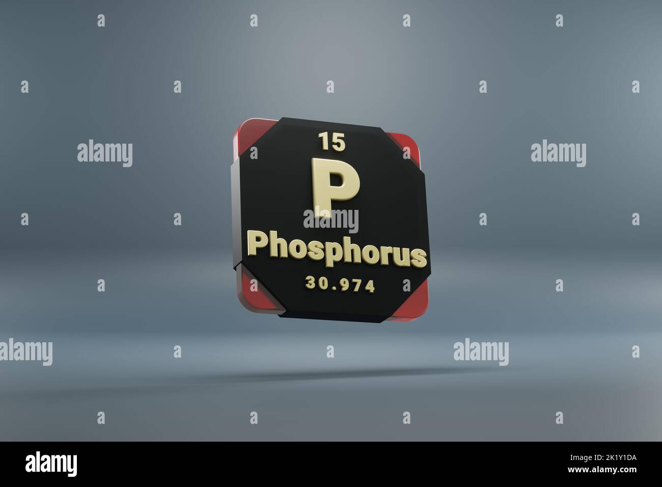 Schöne abstrakte Illustrationen stehen schwarz und rot Phosphor Element des Periodensystems. Modernes Design mit goldenen Elementen, 3D Rendering il Stockfoto