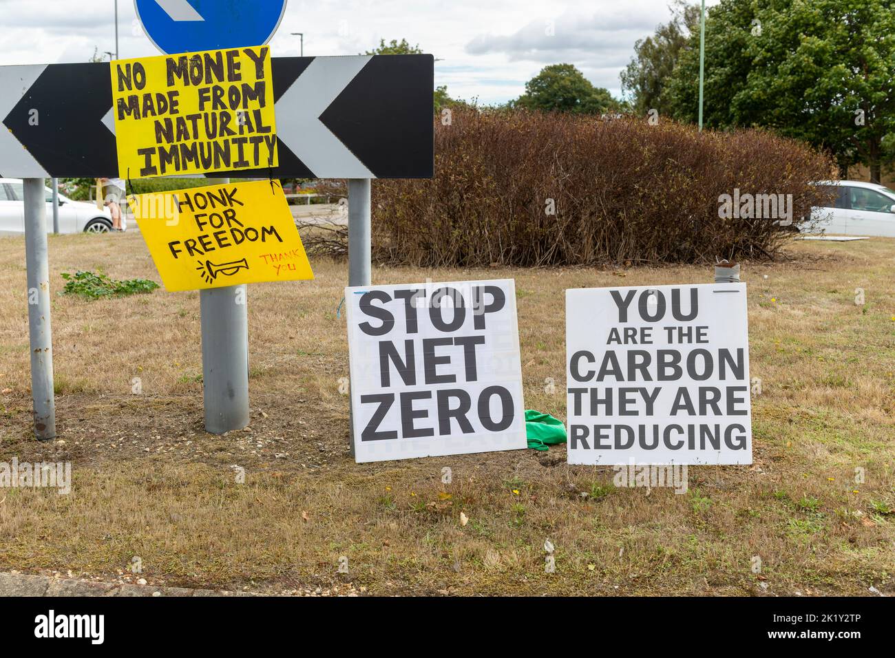 Protest vor dem geschäftigen Roundabaout, Martlesham, Suffolk, England, Großbritannien - Stop Net Zero, Hink for Freedom Stockfoto