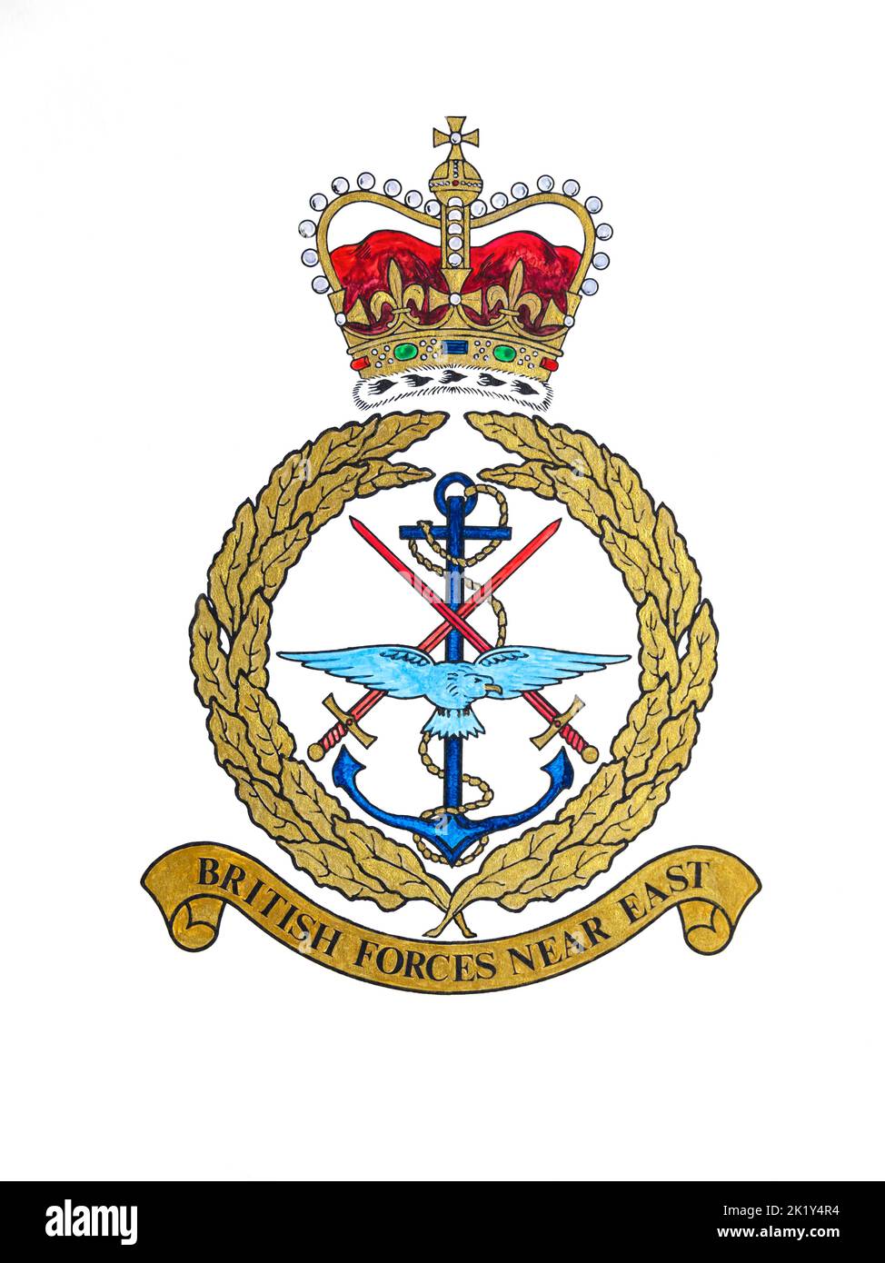 Handgemaltes Wappen der britischen Streitkräfte im Nahen Osten vom Command Illustrator CPL Leonard Webb RAF, basierend auf JARIC, RAF Episkopi, Zypern 1970. Aquarell Stockfoto