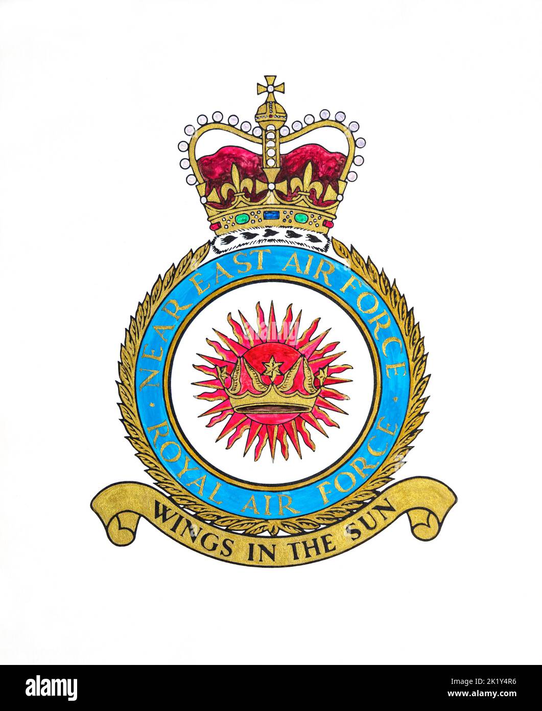 Handbemaltes Wappen der Royal Air Force, Naher Osten Air Force von Command Illustrator CPL Leonard Webb RAF, basierend auf JARIC, RAF Episkopi, 1970.Zypern Stockfoto