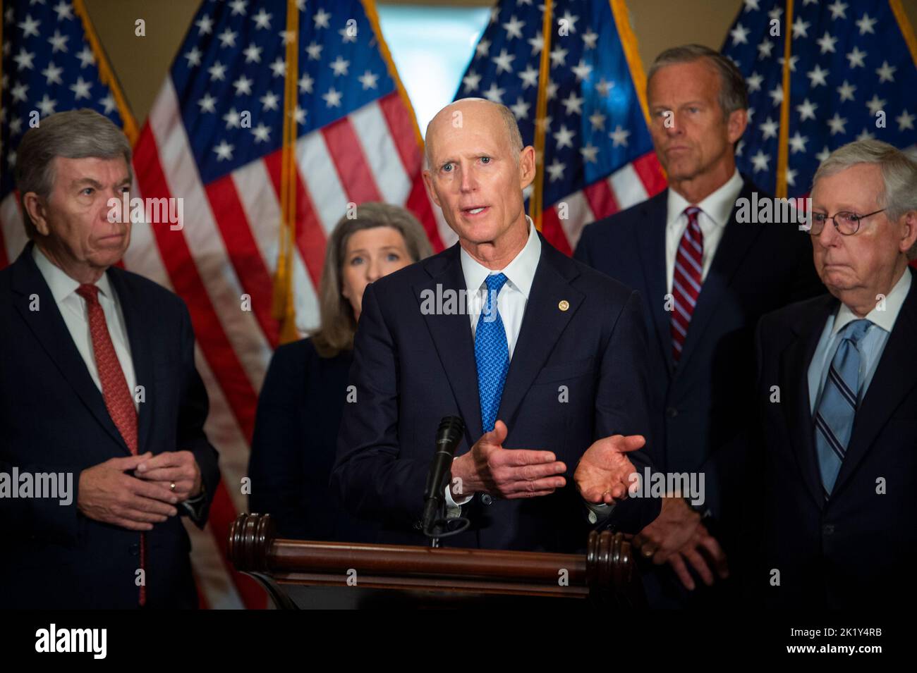 Der US-Senator Rick Scott (Republikaner von Florida) hält am Dienstag, den 20. September 2022, im US-Kapitol in Washington, DC, eine Rede während der Pressekonferenz der Republikaner zum politischen Mittagessen. Kredit: Rod Lampey / CNP/Sipa USA Stockfoto