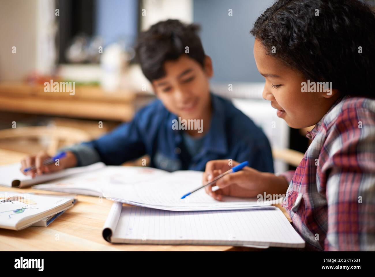 Zusammenwachsen durch eine gute Bildung. Zwei junge Studenten studieren zusammen in einem Klassenzimmer. Stockfoto