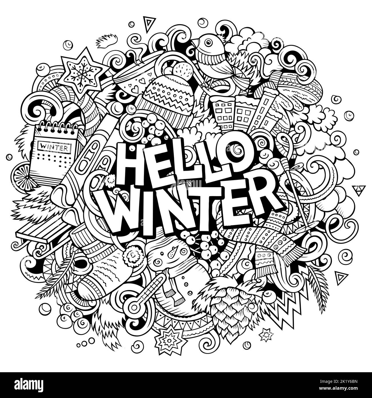 Hello Winter handgezeichnete Doodles Vektorgrafik. Stock Vektor