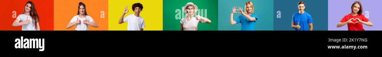 Porträtmosaik. Unterstützende Gestencollage. Eine Reihe von fröhlichen, enthusiastischen und multiethnischen Menschen in bunten T-Shirts, die Bewunderung zeigen Stockfoto