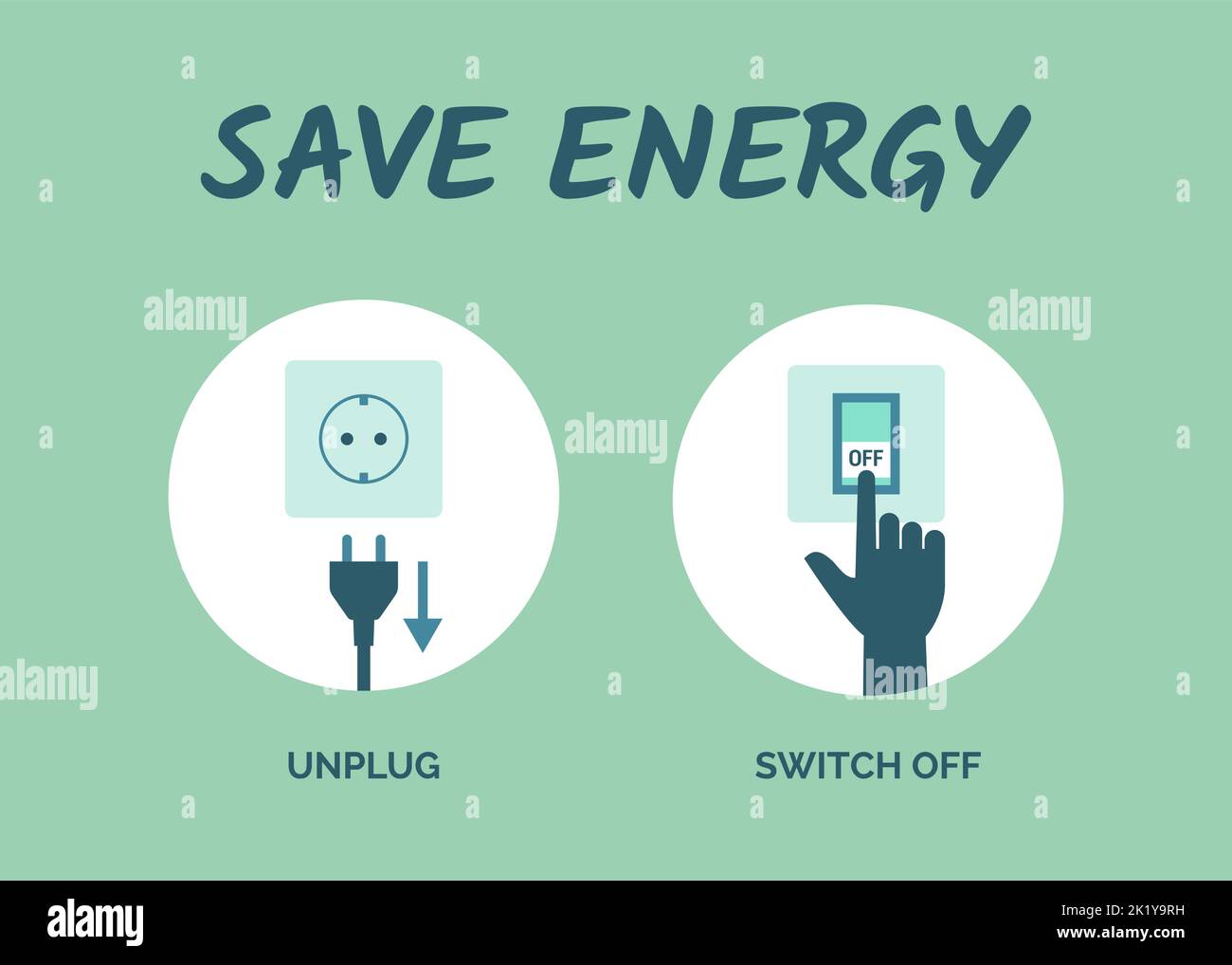 Tipps zum Energiesparen: Trennen Sie Geräte, wenn sie nicht in Gebrauch sind, und schalten Sie das Licht aus Stock Vektor
