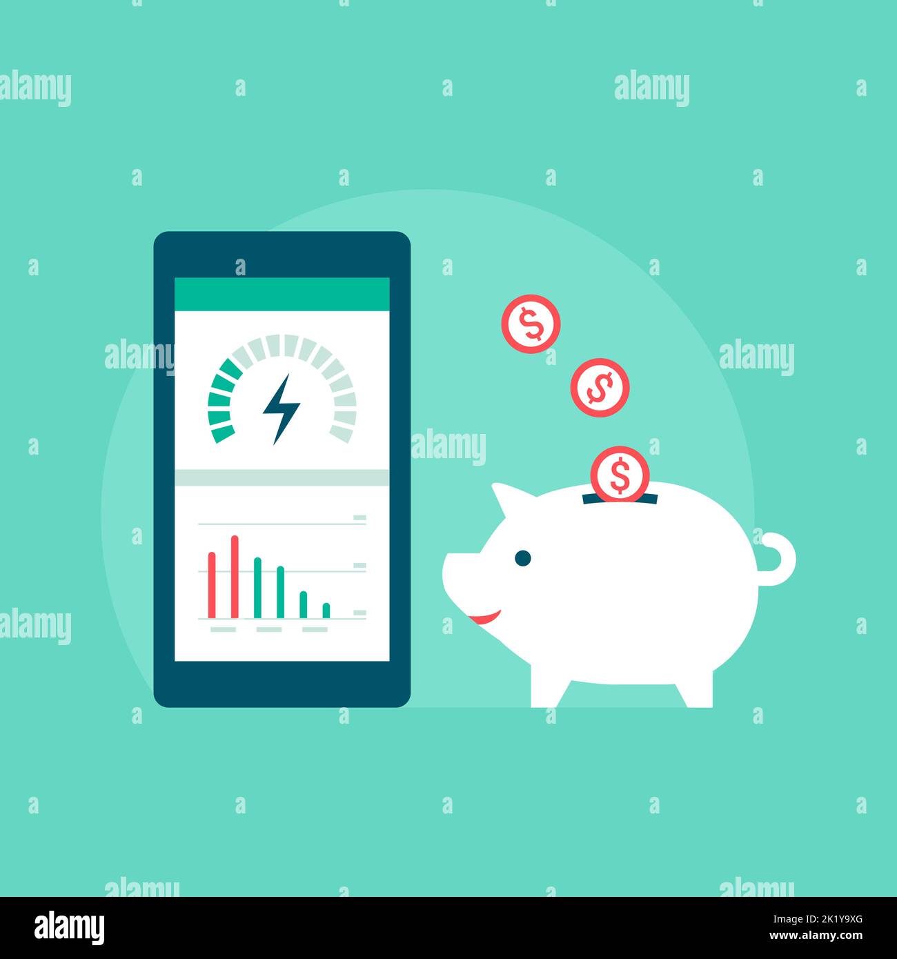 Sparen Sie Geld auf Ihrer Stromrechnung: Energieeffizienz-App auf dem Smartphone und Münzen, die in ein Sparschwein fallen Stock Vektor