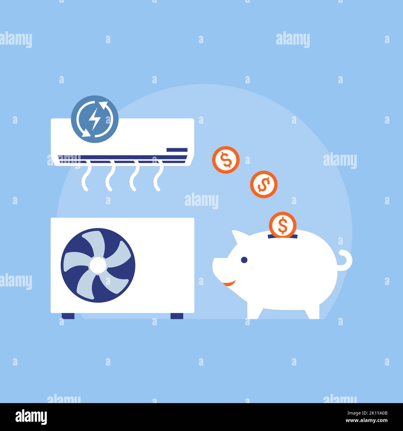 Sparen Sie Geld bei den Kühlkosten: Klimaanlage und Münzen fallen in ein Sparschwein Stock Vektor