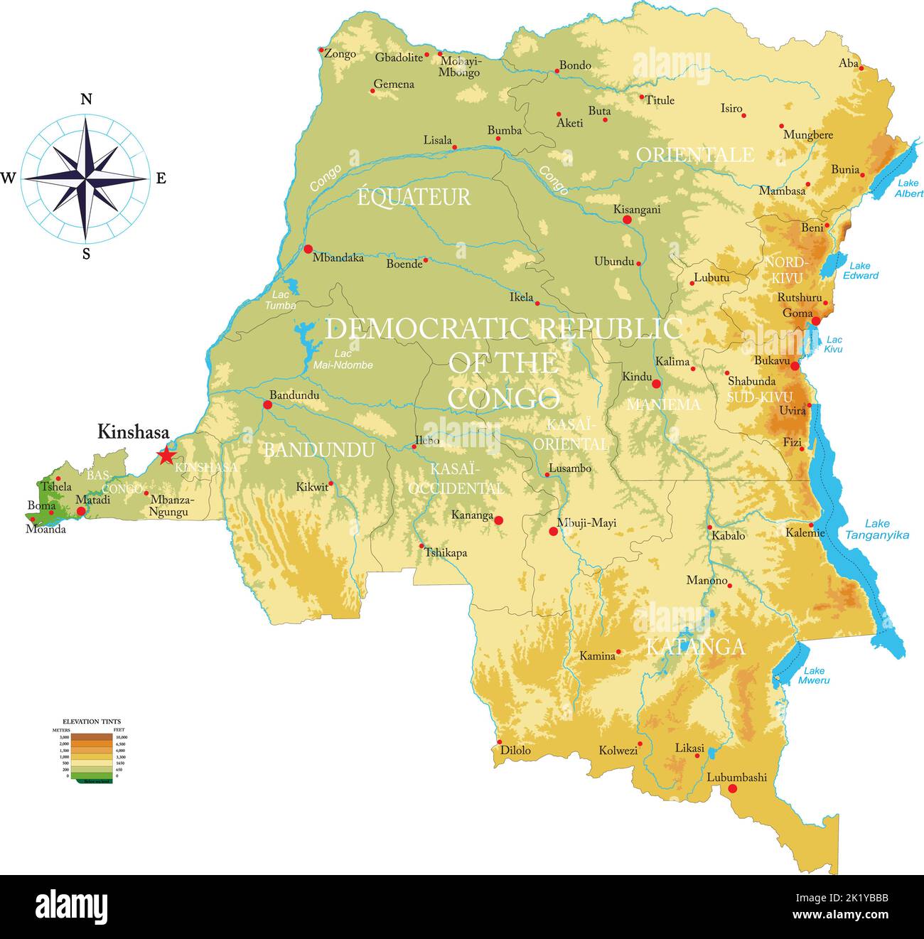 Sehr detaillierte physikalische Karte von D.R. Kongo im Vektorformat, mit allen Reliefformen, Regionen und großen Städten. Stock Vektor