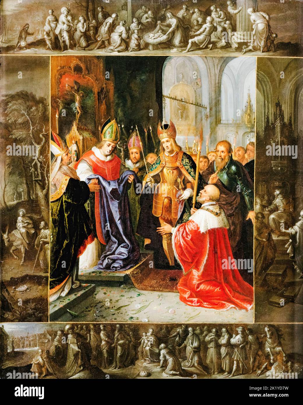 Karl V. (1500-1558), Kaiser des Heiligen Römischen Reiches (1519-1556), zeigte am 23.. Oktober 1520 in der Kathedrale von Aix-la-Chapelle die Gewänder der Jungfrau, Ölgemälde von Frans Francken dem Jüngeren, 1600-1642 Stockfoto