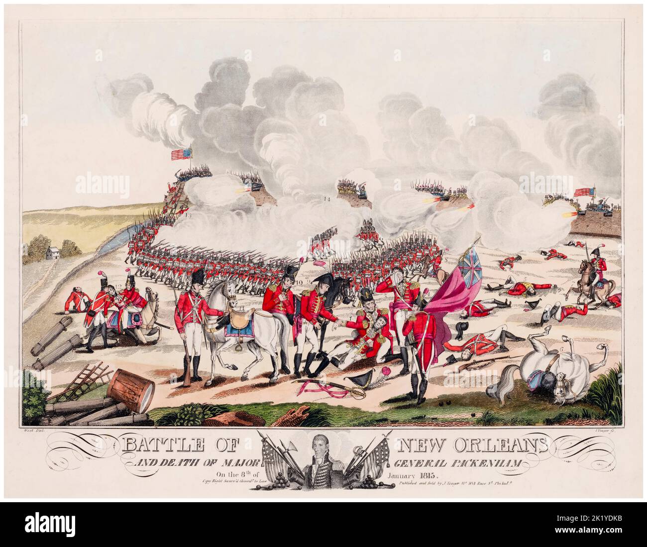 Die Schlacht von New Orleans und der Tod des Generalmajors Packenham (sic) am 8.. Januar 1815, Aquatinta-Druckgravur von William Edward West (Künstler) und Joseph Yeager (Kupferstecher), 1817 Stockfoto