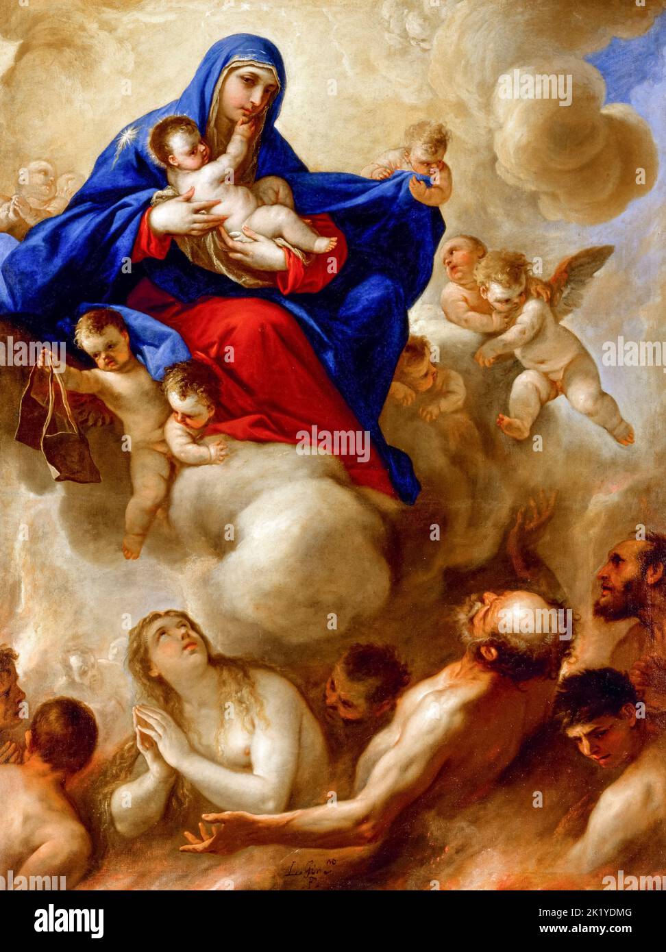 Madonna mit Kind und Seelen im Fegefeuer, Ölgemälde auf Leinwand von Luca Giordano, um 1665 Stockfoto