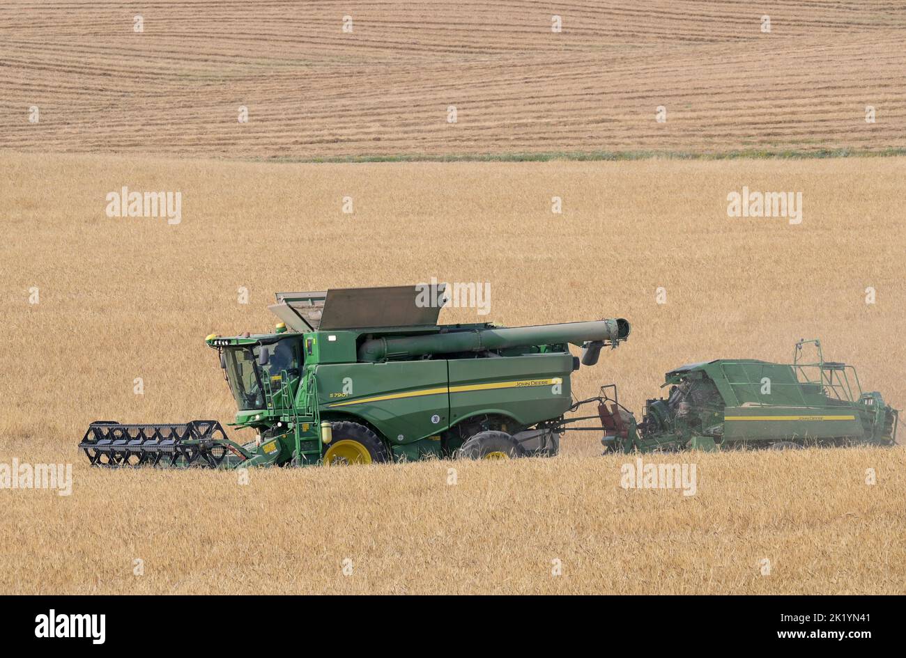 ISRAEL, Negev semi-dary Region, Ofakim, 4000 ha Farming Joint Venture von Kibbutz Ruchama, Dorot und Tselim, Gerstenernte mit John Deere Mähdrescher mit sofortiger Strohballenpresse / Israel, Negev Wüste, Ernte von Gerste mit weicher Ballenpressung auf einer 4000 Hektar Kibbutz Farm Stockfoto