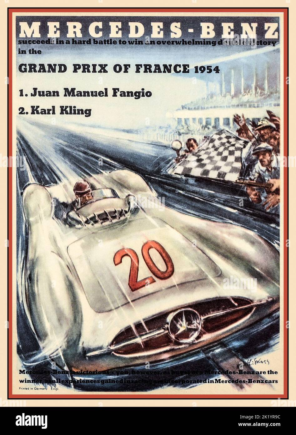 Mercedes-Benz Grand Prix von Frankreich 1954 Poster. Sieger Juan Manuel Fangio in einem Mercedes Nr. 20 W196 war der Grand Prix von Frankreich 1954 ein Formel-1-Motorrennen, das am 4. Juli 1954 in Reims stattfand, dem gleichen Datum wie das Fußball-Weltcup-Finale 1954. Es war Rennen 4 von 9 in der Weltmeisterschaft der Fahrer 1954. Das 61-Runden-Rennen gewann Mercedes-Pilot Juan Manuel Fangio, nachdem er von der Pole-Position aus gestartet war. Zweiter Platz war Karl Kling, der ebenfalls einen Mercedes fuhr. Reims Frankreich Stockfoto