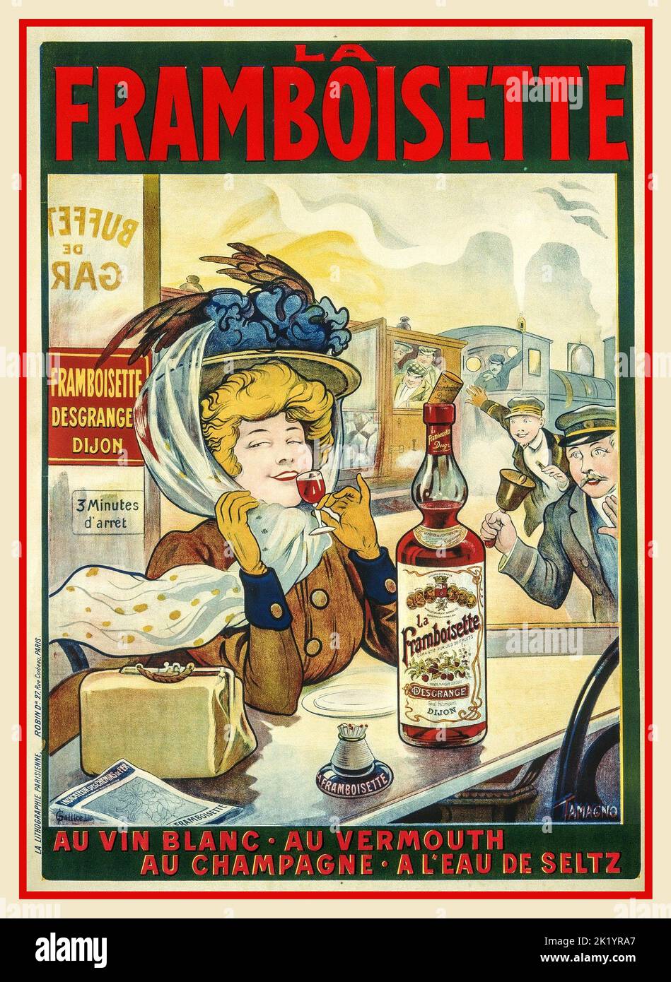 Vintage 1900s French Drinks Poster La Framboisette ein Raselbeerlikör aus Dijon, der einen Zug verzögert, als eine französische Passagierin sich die Zeit nimmt, ihr Getränk zu genießen. Au Vin Blanc, Au Vermouth, Au Champagne A L'Eau de Seltz Stockfoto