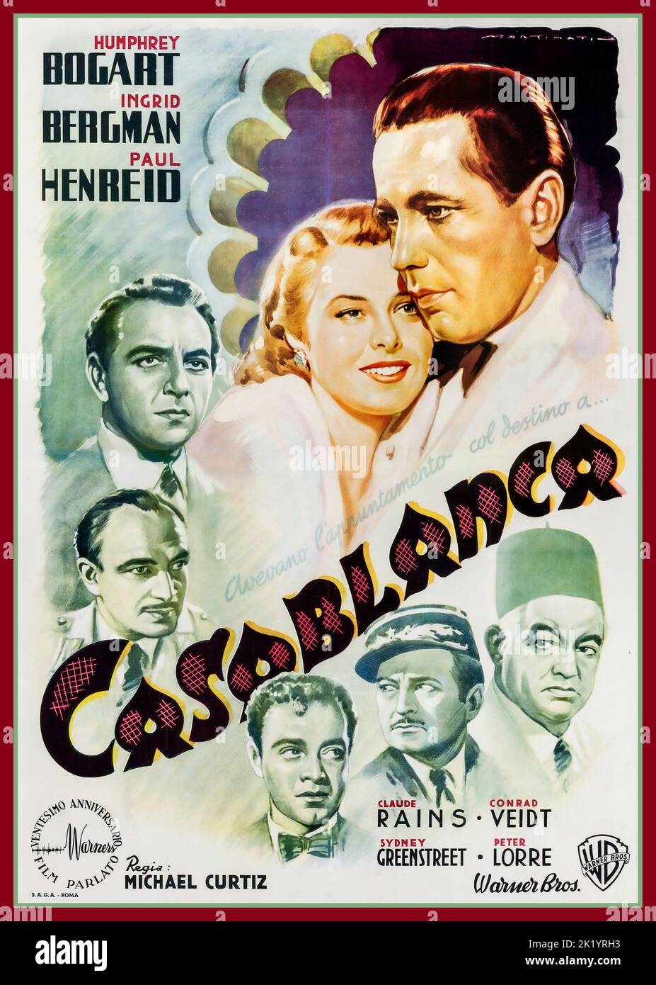 Casablanca 40's Vintage Movie Film Poster 1948 Warner Bros., von Künstler Luigi Martinati Mit Humphrey Bogart, Ingrid Bergman, Paul Henreid, Claude Rains, Conrad Veidt, Sydney Greenstreet, Peter Lorre Stockfoto