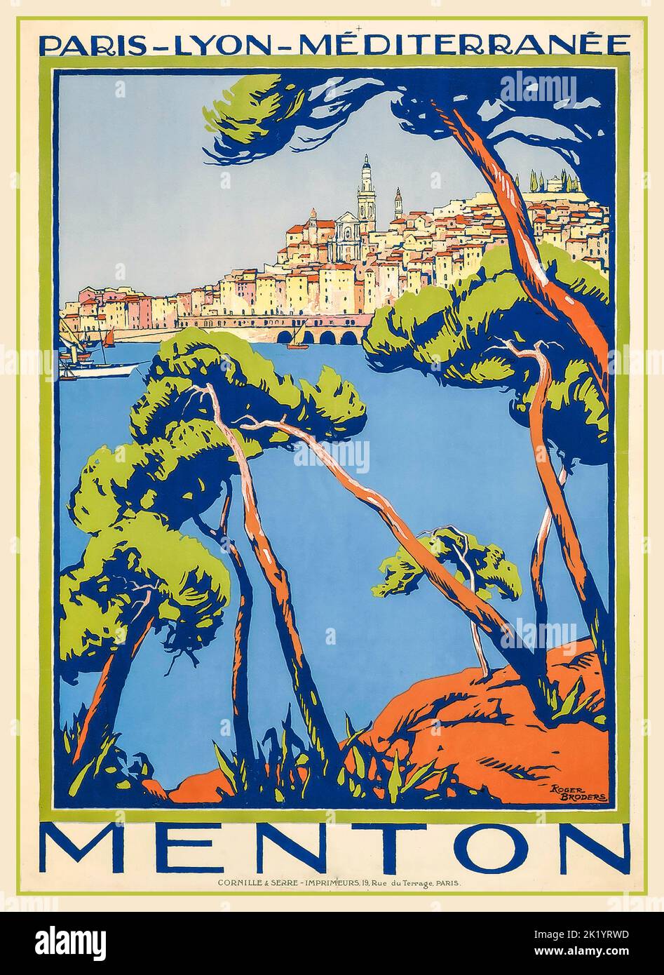 MENTON Vintage PLM Französisches Reiseposter Menton Cote d'Azur Französische Eisenbahn-Reise 1930er Jahre - PLM Südfrankreich Paris Lyon Mediterranee Stockfoto