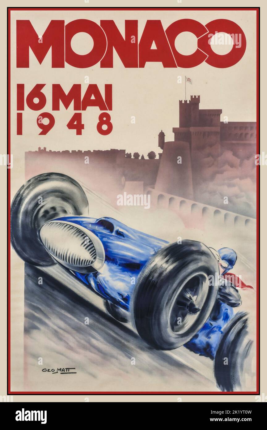 Monaco Motor Race Poster Vintage 1948 Monaco Grand Prix Poster ein Grand Prix-Rennen, das am 16. Mai 1948 in Monte Carlo stattfand. Zuerst Italien Giuseppe Farina Maserati. Die erste Veranstaltung unter einer neuen Formel, 1½ Liter Kompressor oder 4½ Liter Saugnahrung, es war eine gemischte Menge von Marken das Rennen war überwältigt von der Maserati 4CLs von Giuseppe Farina, Farina würde den Sieg nehmen. Stockfoto