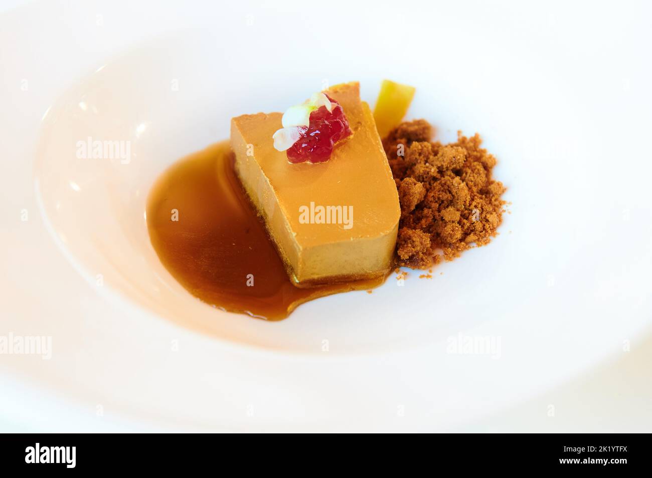Block von Foie mit Honig brauner Zucker und roten Früchten Stockfoto