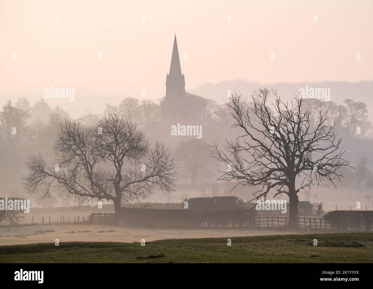 Die St. Barnabas Kirche in Weeton ist an einem ruhigen Frühlingsmorgen durch den Nebel sichtbar, eingerahmt von den Skelettumrissen zweier blattloser Bäume. Stockfoto