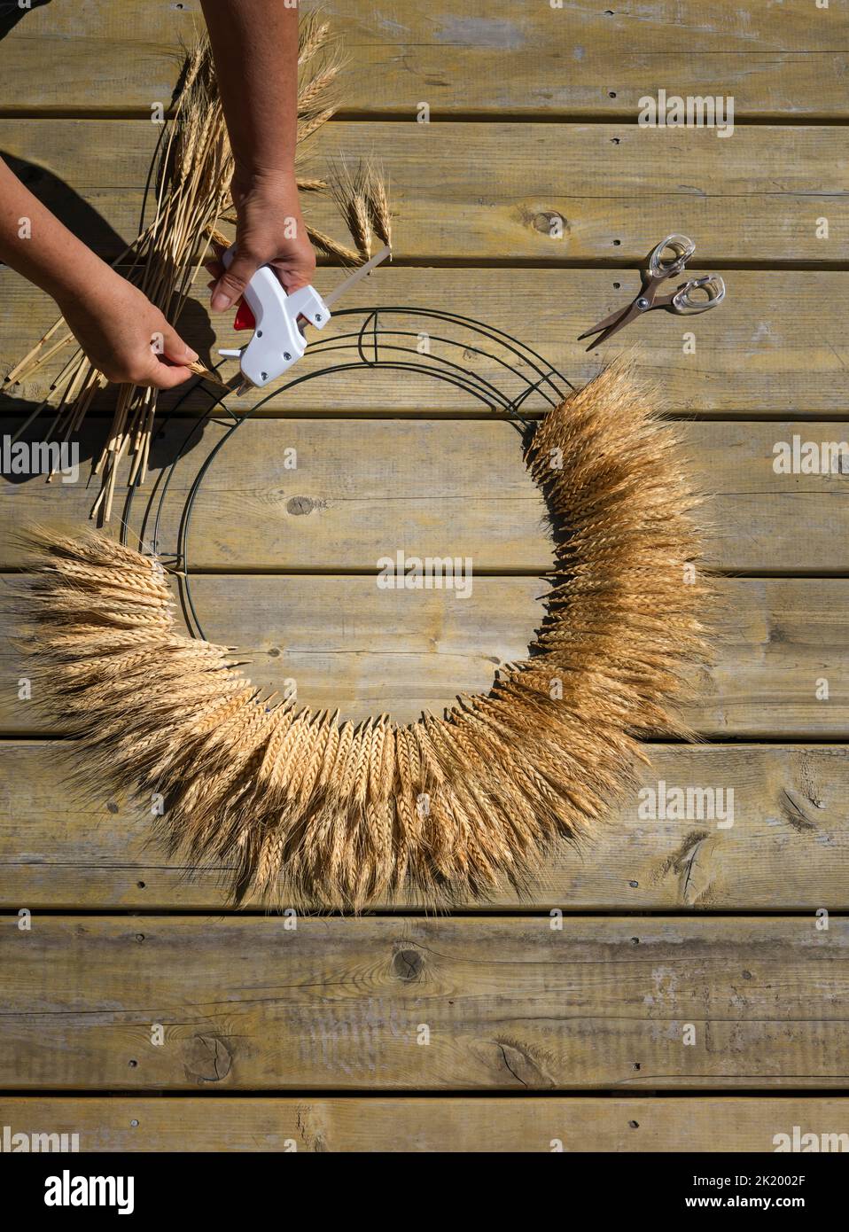 Teile der Frau Hände mit heißem Kleber machen Weizen Tür Kranz Stockfoto