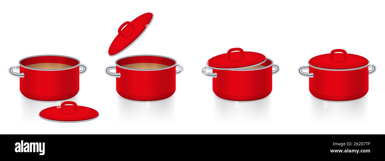 Saucepot mit Deckel, weggelegt, nehmen, leicht geöffnet und zugedeckt. Rote emaillierte Kochtöpfe mit verschiedenen Verwendungen des Deckels, um Energie zu sparen. Stockfoto
