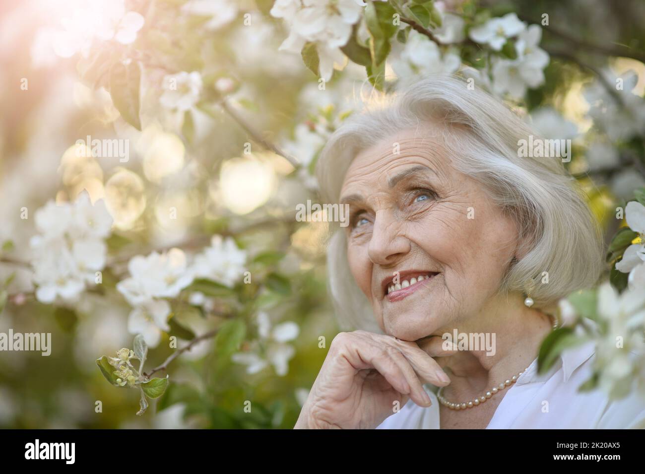 Porträt einer glücklichen älteren Frau, die im Herbstpark lächelt Stockfoto