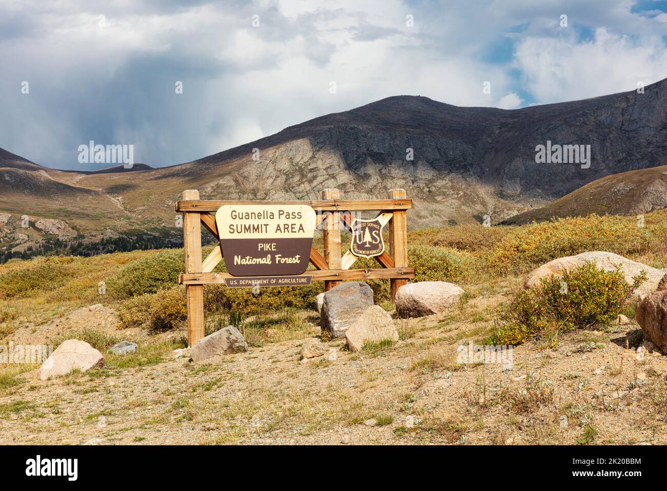 Guanella Pass Gipfelbereich Schild, Pike National Forest, Colorado Stockfoto