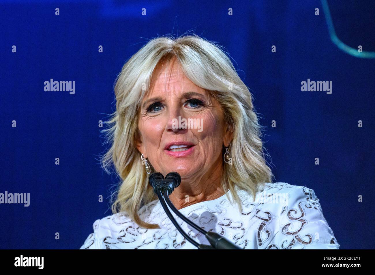 New York, USA. 21. September 2022. Jill Biden, First Lady der Vereinigten Staaten, spricht über die Abschlusssitzung des Concordia-Gipfels in New York City. Kredit: Enrique Shore/Alamy Live Nachrichten Stockfoto