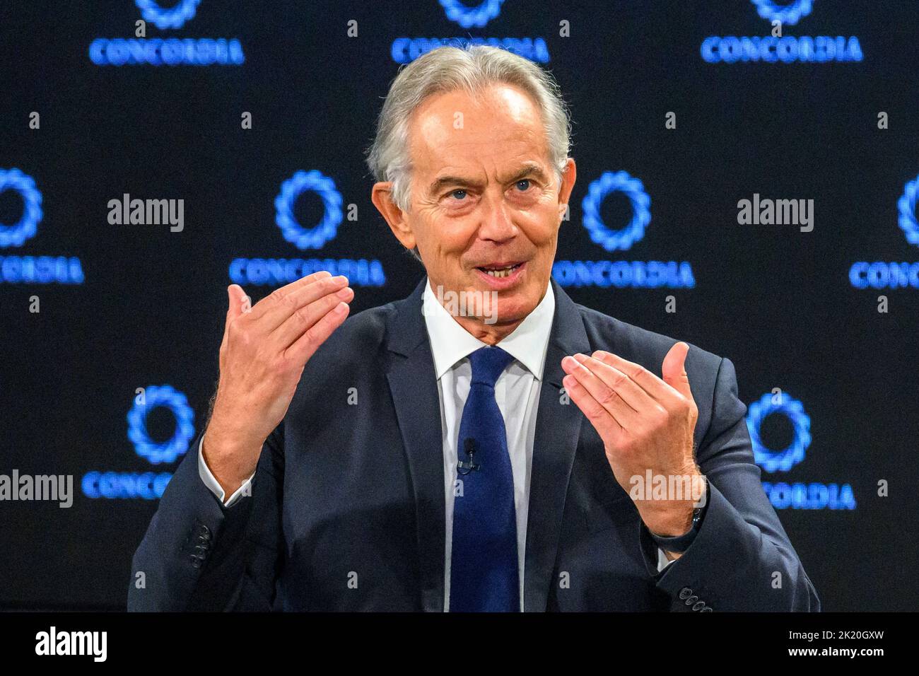 New York, USA. 21. September 2022. Der ehemalige britische Premierminister Tony Blair spricht über den Abschluss des Concordia-Gipfels in New York City. Kredit: Enrique Shore/Alamy Live Nachrichten Stockfoto
