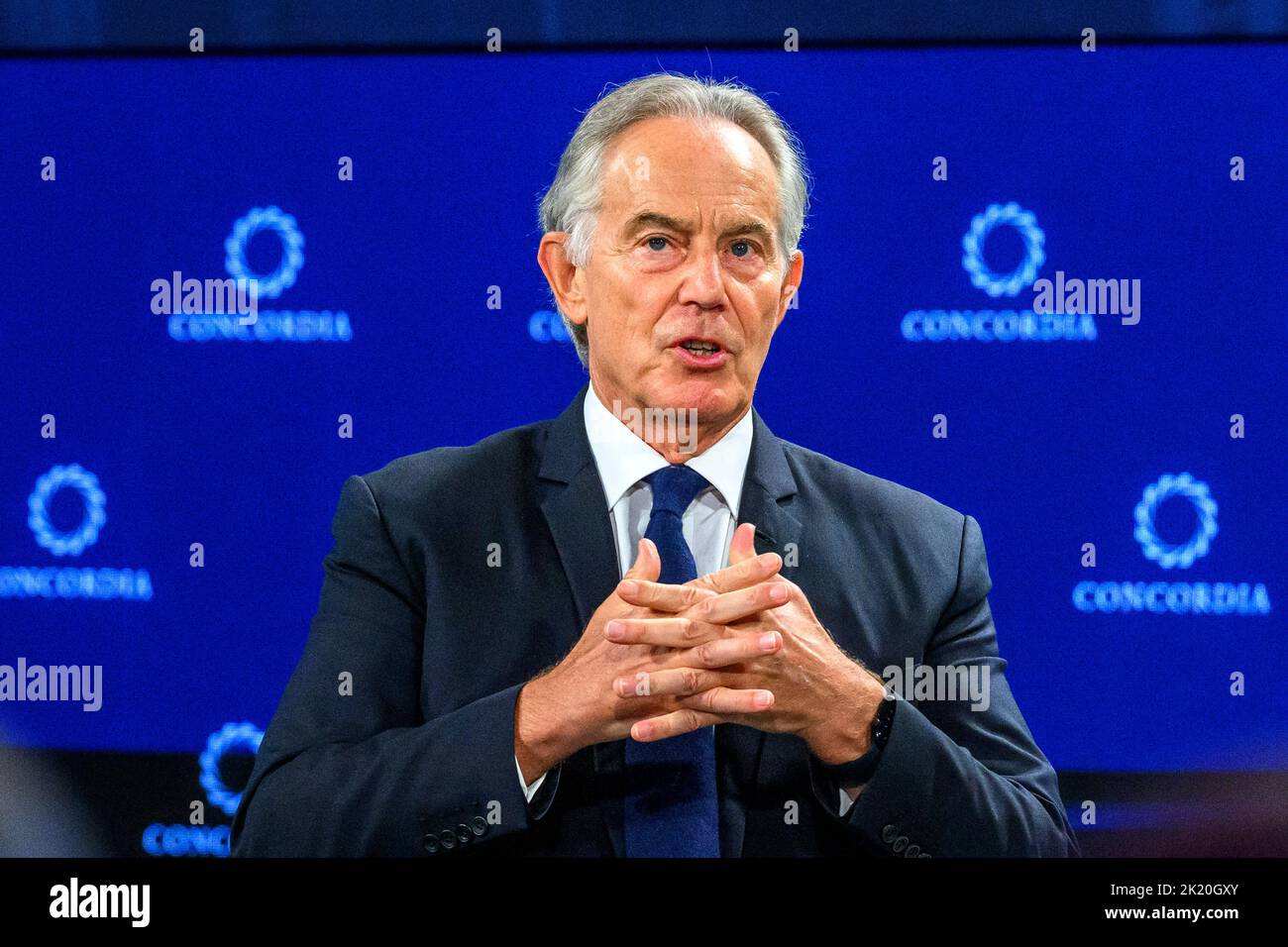 New York, USA. 21. September 2022. Der ehemalige britische Premierminister Tony Blair spricht über den Abschluss des Concordia-Gipfels in New York City. Kredit: Enrique Shore/Alamy Live Nachrichten Stockfoto