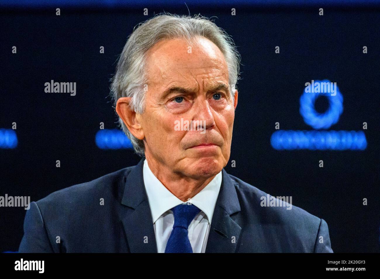 New York, USA. 21. September 2022. Der ehemalige britische Premierminister Tony Blair spricht über den Abschluss des Concordia-Gipfels in New York City. Kredit: Enrique Shore/Alamy Live Nachrichten Stockfoto