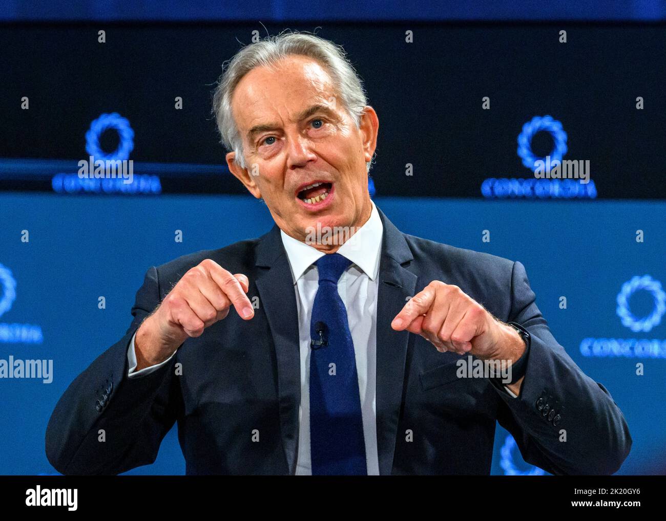 New York, USA. 21. September 2022. Der ehemalige britische Premierminister Tony Blair spricht über den Abschluss des Concordia-Gipfels in New York City. Kredit: Enrique Shore/Alamy Live Nachrichten Stockfoto