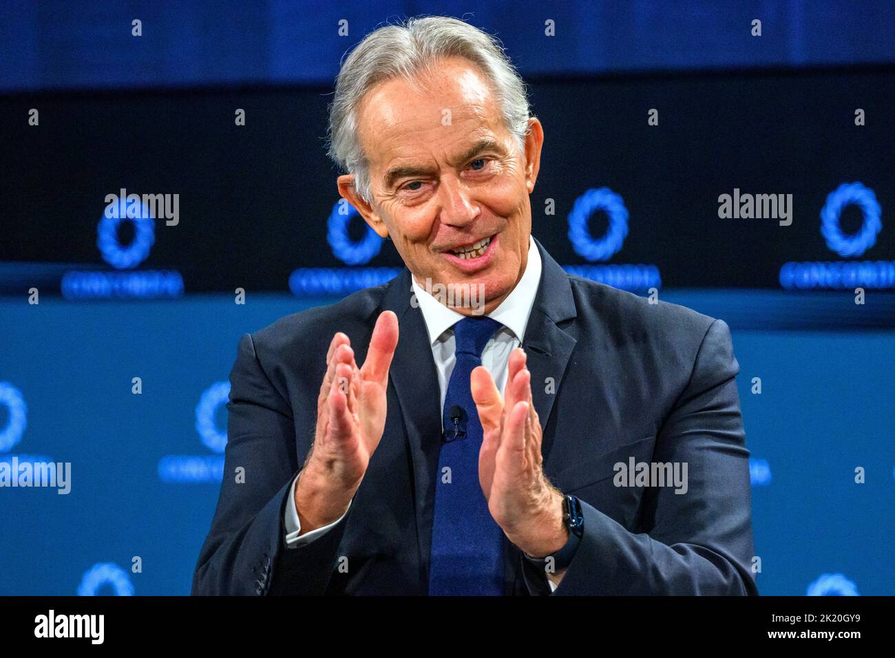 New York, USA. 21. September 2022. Der ehemalige britische Premierminister Tony Blair spricht über den Abschluss des Concordia-Gipfels in New York City. Kredit: Enrique Shore/Alamy Live Nachrichten Stockfoto