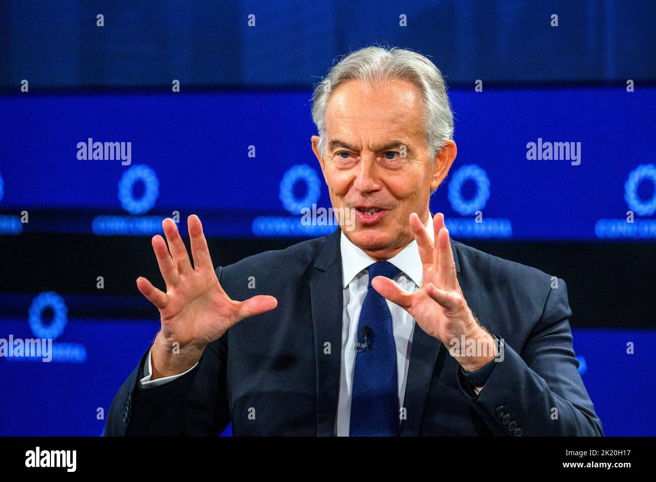 New York, USA. 21. September 2022. Der ehemalige britische Premierminister Tony Blair spricht über den Abschluss des Concordia-Gipfels in New York City. Kredit: Enrique Shore/Alamy Live Nachrichten Stockfoto