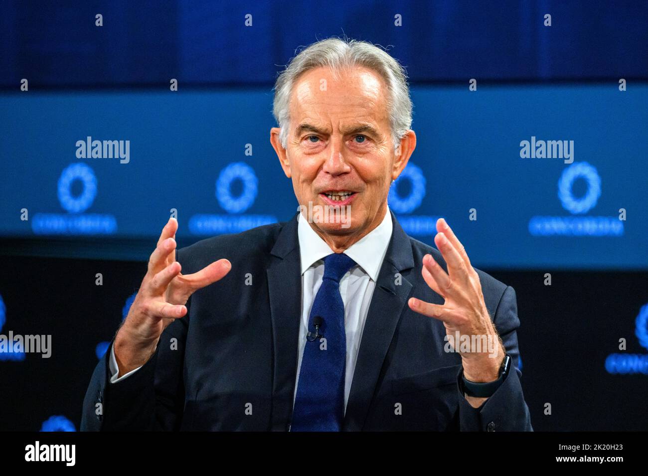 New York, USA. 21. September 2022. Der ehemalige britische Premierminister Tony Blair spricht über den Abschluss des Concordia-Gipfels in New York City. Kredit: Enrique Shore/Alamy Live Nachrichten Stockfoto