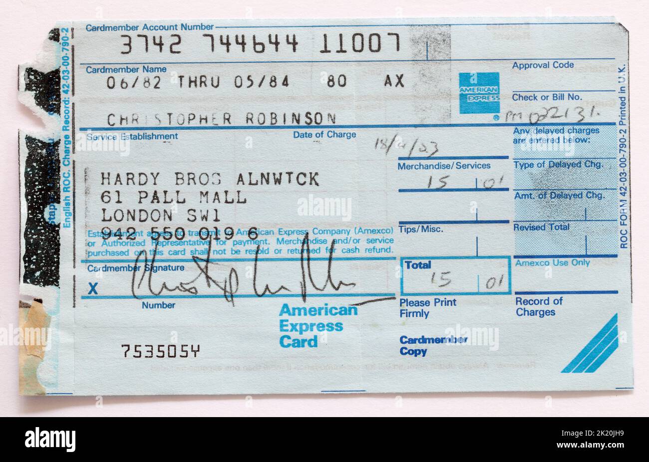 Zahlungsbeleg mit American Express-Karte für den Kauf von Kleidung in der Hardy Bros Pall Mall London, 1980er Jahre Stockfoto