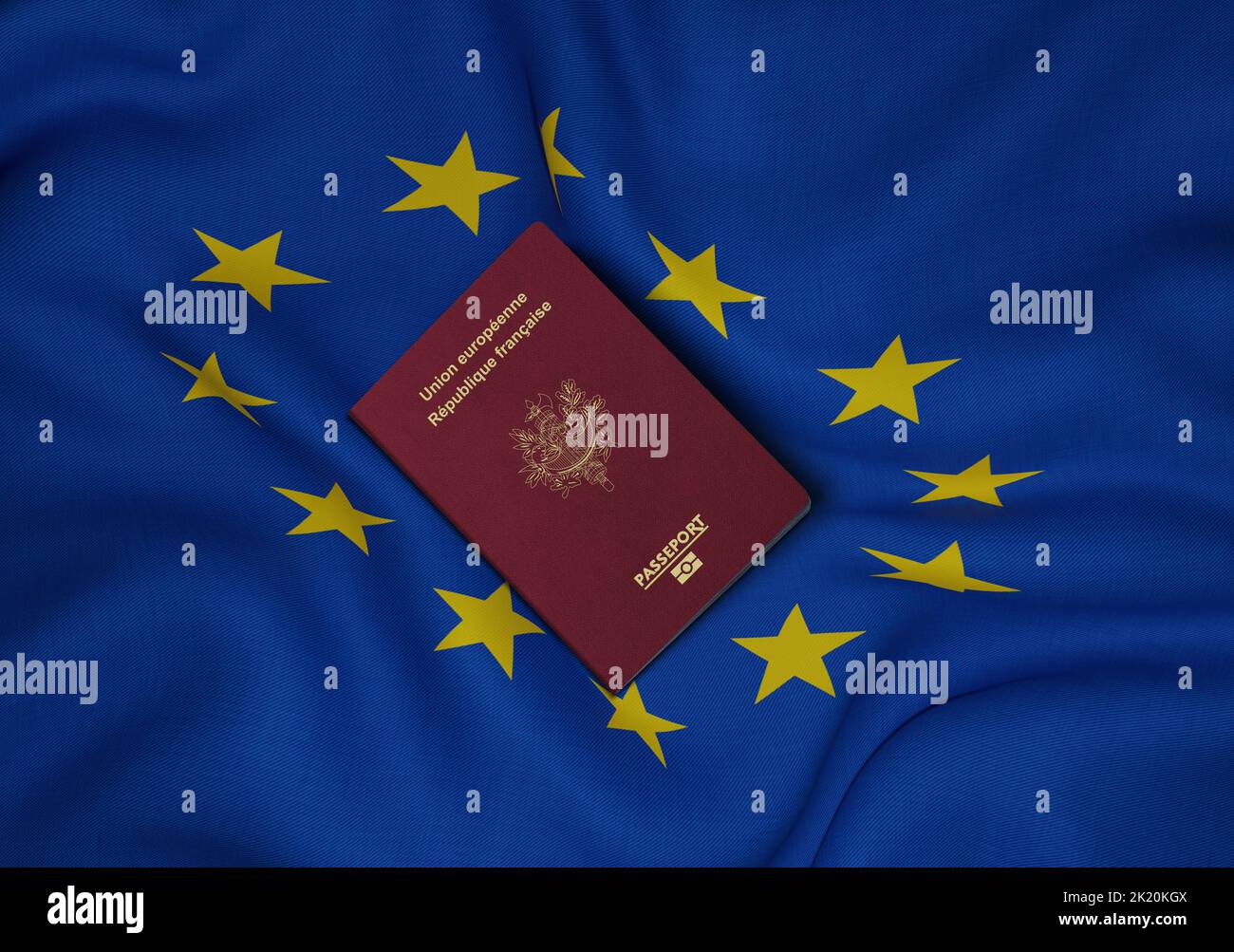 Frankreich-Pass mit EU-Flagge im Hintergrund, Französisch Pass ist ein Identitätsdokument an französische Bürger ausgestellt Stockfoto