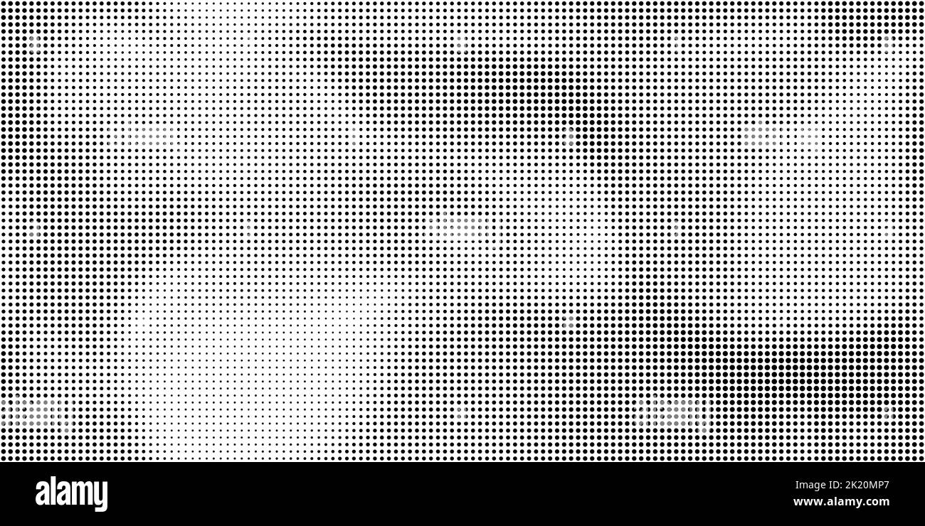 Nahtloses Vintage Distressed Halbton Punkt Hintergrundmuster. Kachelbares Grunge-Schwarz-Weiß-Druckertinte Rasterpunkte Texturüberlagerung. Retro-Comic Stockfoto