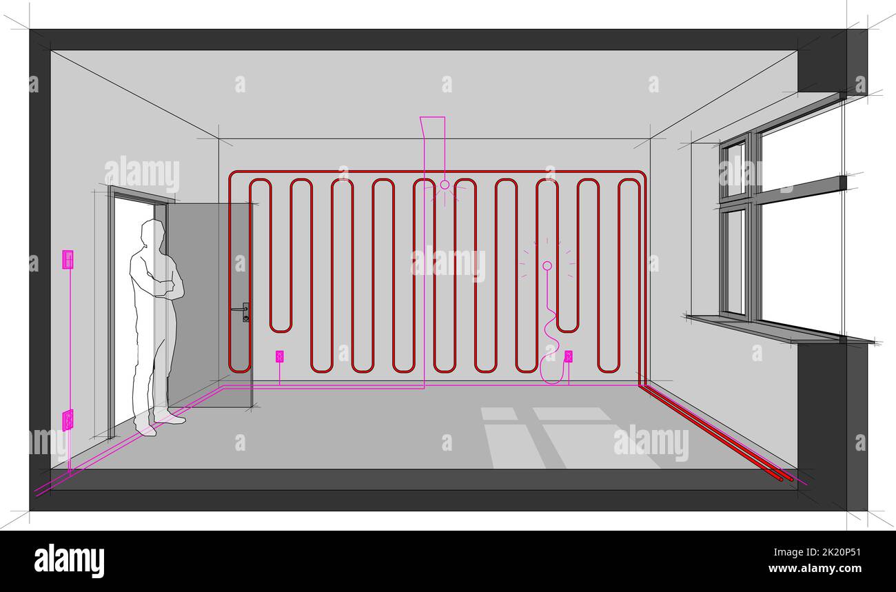 Diagramm eines Einzelraums, der mit Wandheizung und Elektroinstallationen sowie Kabeln und Schaltern und Lampen beheizt ist Stockfoto