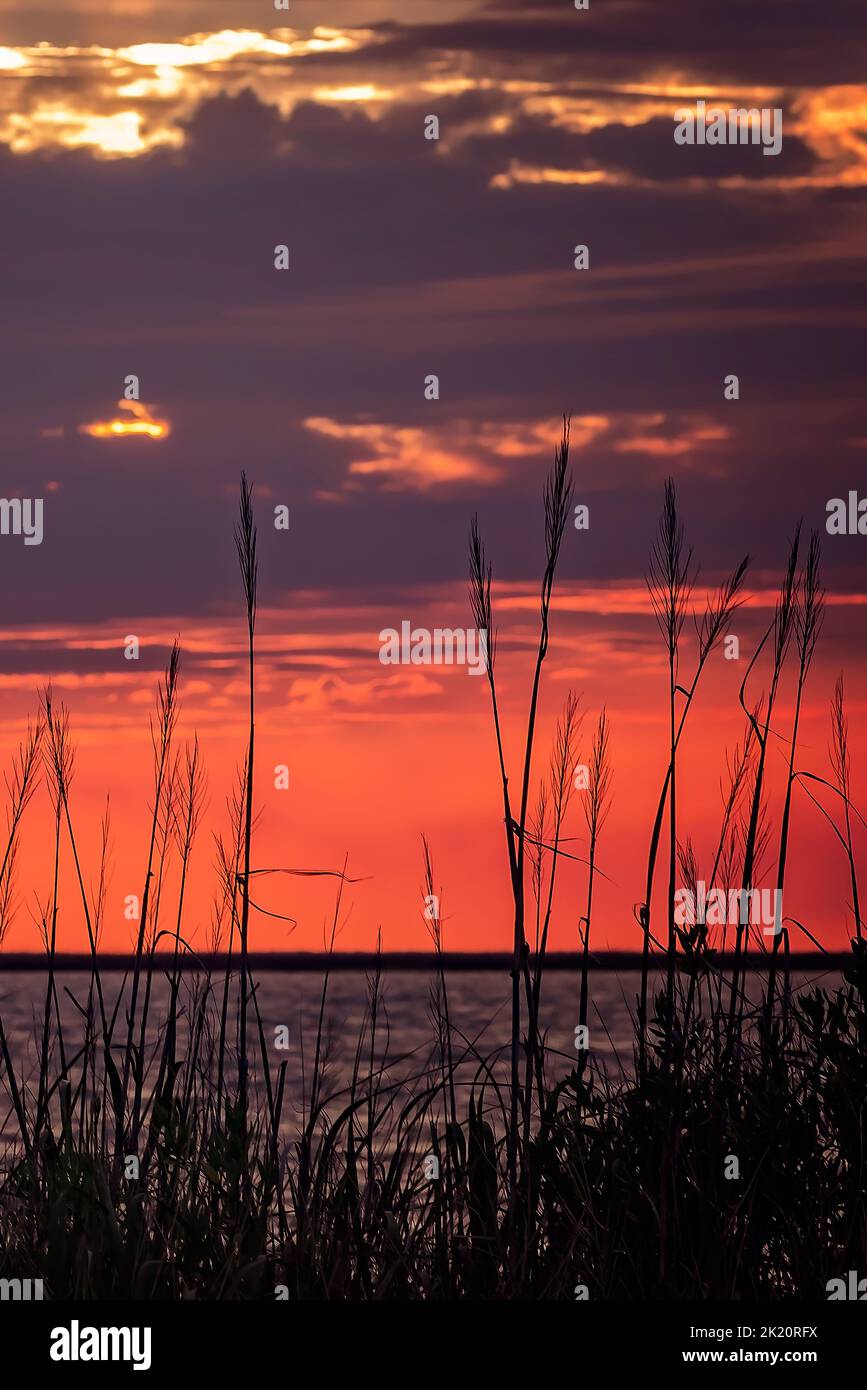 Am 2. Mai 2014 geht die Sonne über der Heron Bay in CODEN, Alabama, unter. Stockfoto