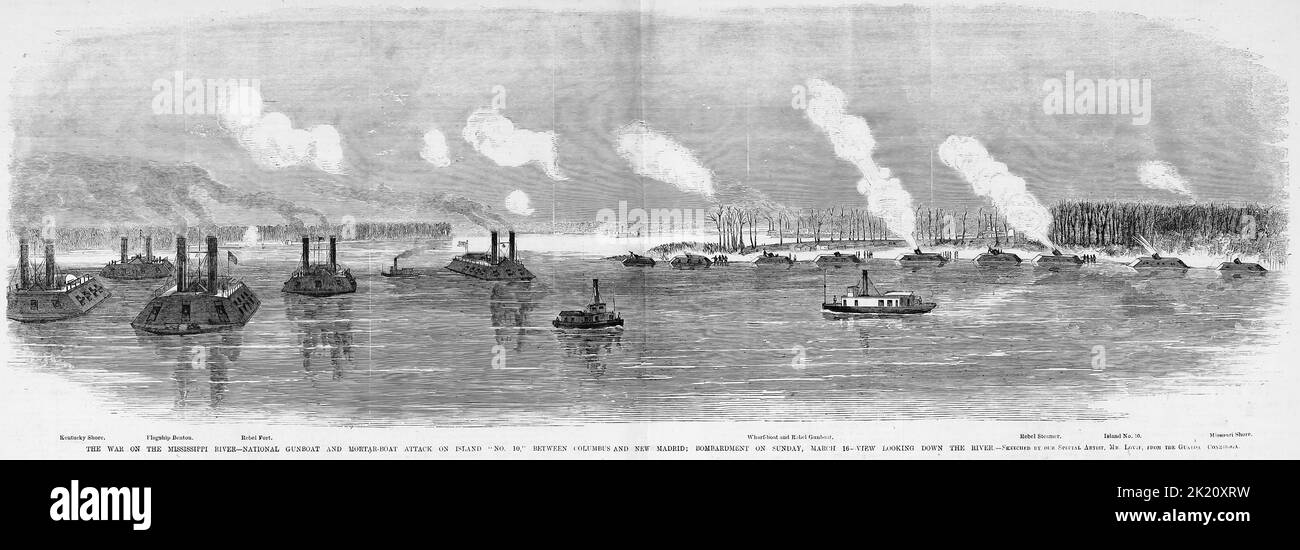 Der Krieg auf dem Mississippi-Fluss - nationaler Angriff auf die Insel Nr. 10, zwischen Columbus und New Madrid - Bombardierung am 16.. März 1862 - Blick auf den Fluss. Schlacht von Island Number Ten. Illustration des amerikanischen Bürgerkriegs des 19.. Jahrhunderts aus Frank Leslie's Illustrated Newspaper Stockfoto