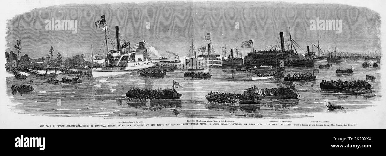 Der Krieg in North Carolina - Landung nationaler Truppen unter General Ambrose Everett Burnside an der Mündung des Slocum's Creek, Neuse River, 15 Meilen unterhalb von New Bern, auf dem Weg, diese Stadt anzugreifen. März 1862. Schlacht bei New Bern. Illustration des amerikanischen Bürgerkriegs des 19.. Jahrhunderts aus Frank Leslie's Illustrated Newspaper Stockfoto