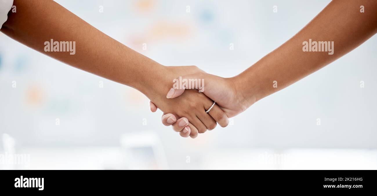 Unterstützung, Handshake und Erfolg der Partnerschaft, Zusammenarbeit bei Teambesprechung und Begrüßung neuer Mitarbeiter im Startup-Unternehmen. B2B Vielen Dank nach der Corporate Stockfoto