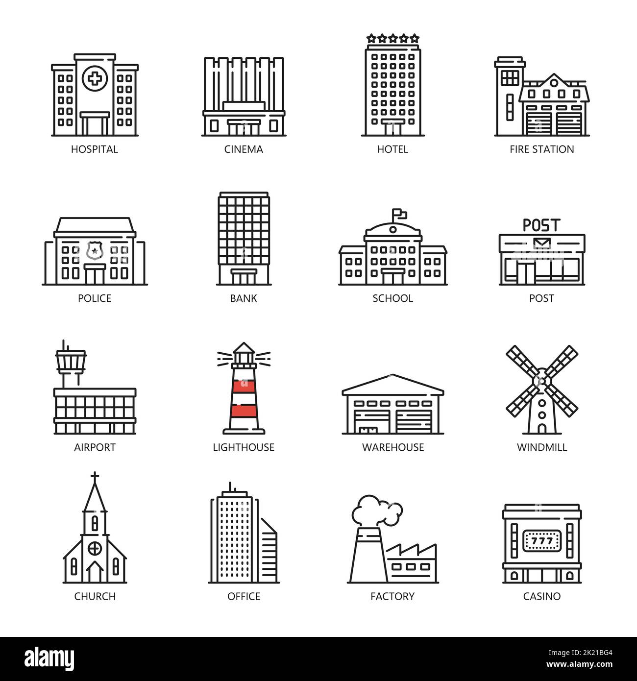 Stadtgebäude umreißen Symbole. Städtische offizielle oder kommunale, städtische Gewerbebauten skizzieren Vektorsymbole. Krankenhaus, Kino und Hotel, Feuerwehr, Polizei, Bank und Leuchtturm, Lager, Post Stock Vektor