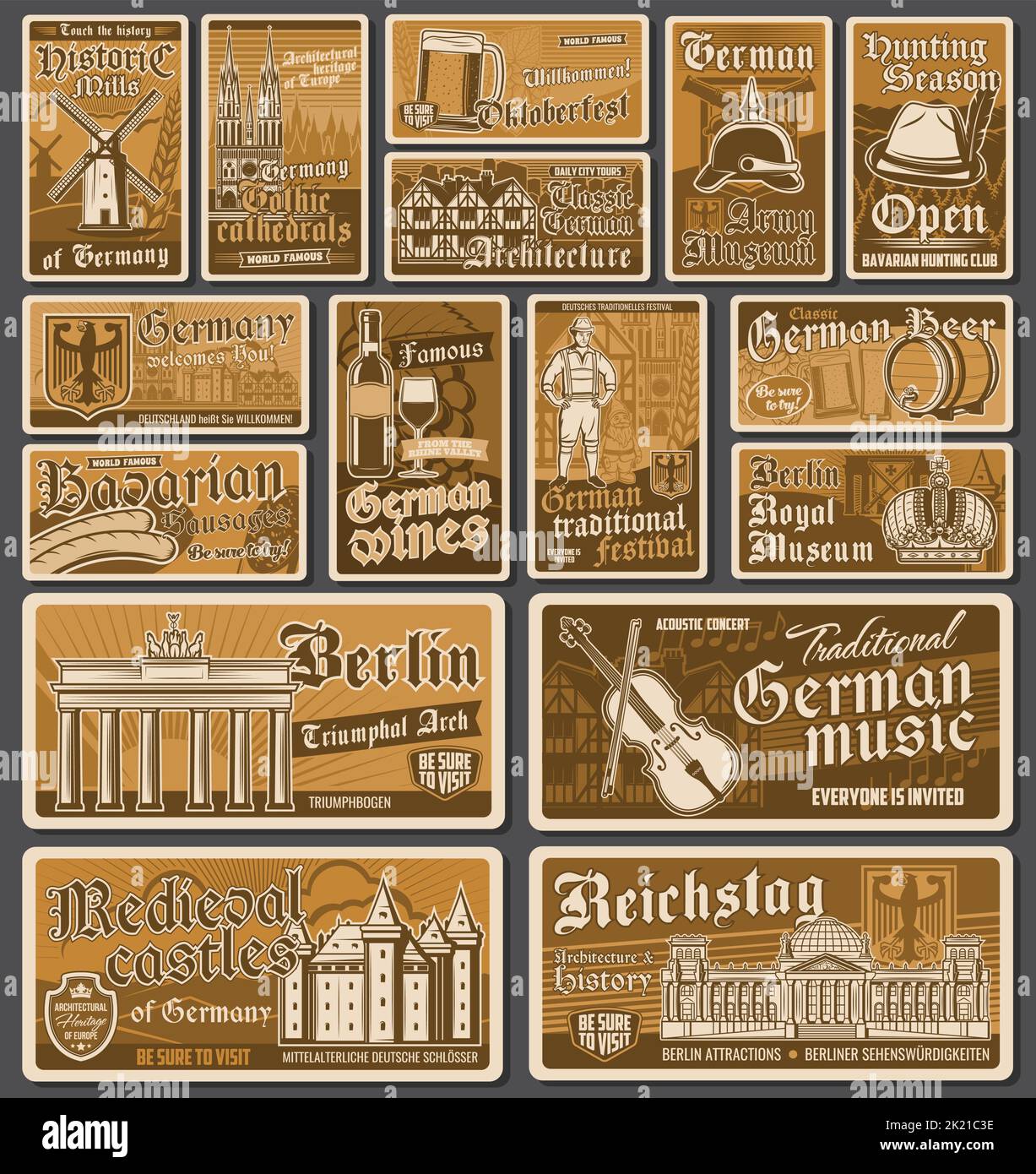 Deutschland Sehenswürdigkeiten, Kultur und Küche Reise-Plakate. Vektorbanner für deutsche 