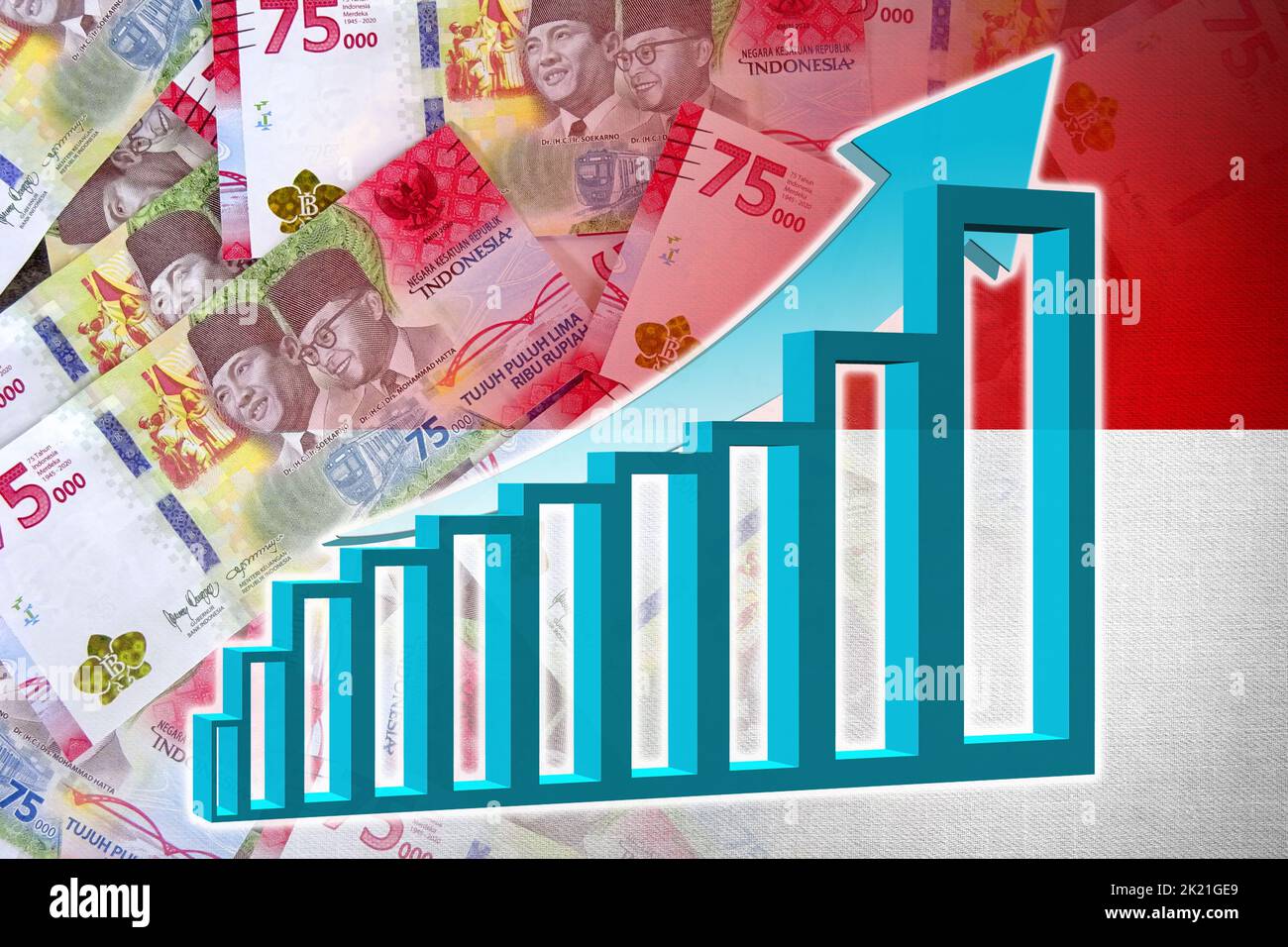 Wirtschaftsdiagramm: Steigender Pfeil, Bargeld indonesische Rupiah-Banknoten und indonesische Flagge (Geld, Wirtschaft, Unternehmen, Finanzen, Krise) Stockfoto