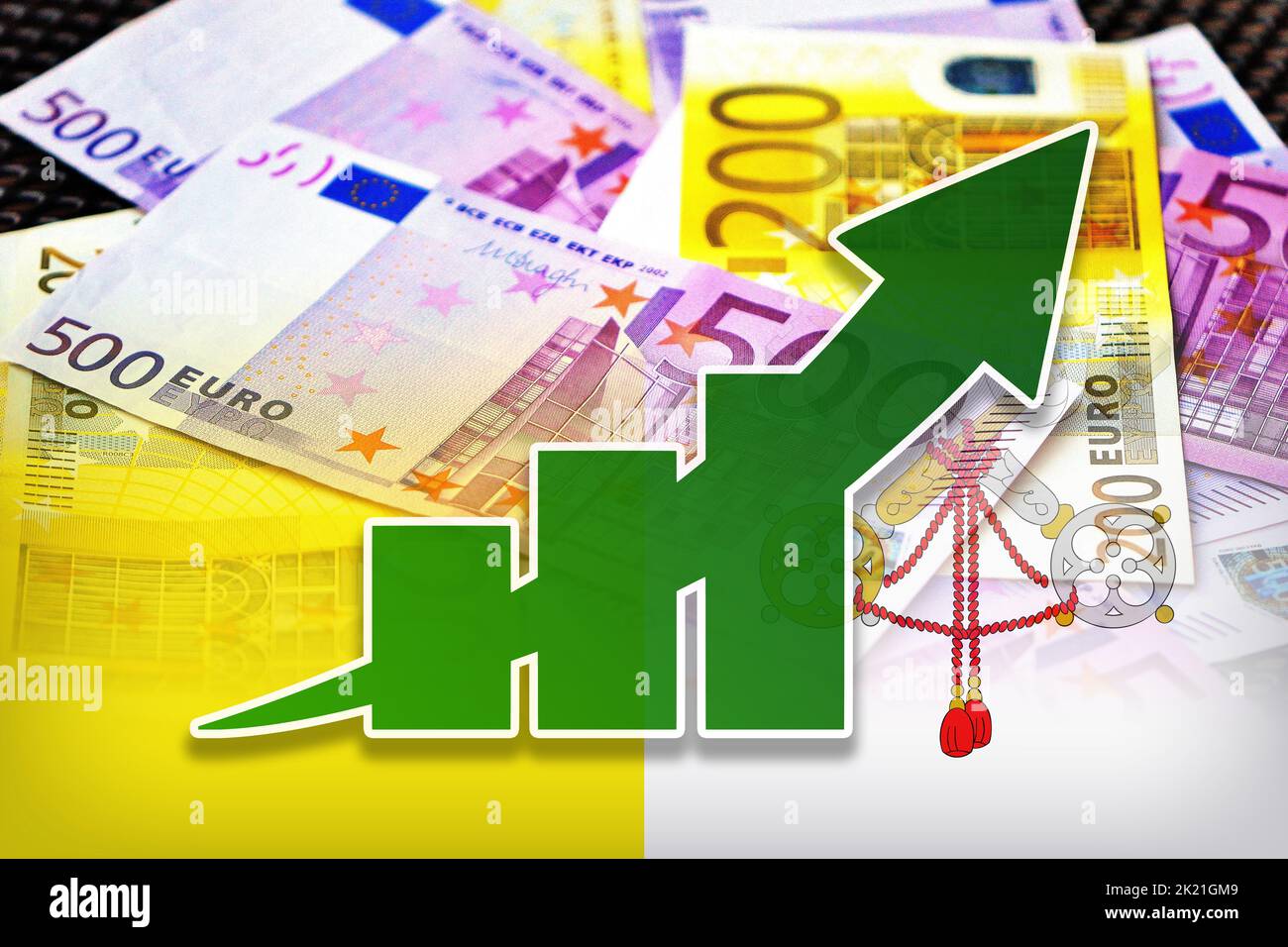 Wirtschaftsdiagramm: Steigender Pfeil, Bargeld-Euro-Banknoten und Vatikanische Flagge (Geld, Wirtschaft, Unternehmen, Finanzen, Krise) Stockfoto