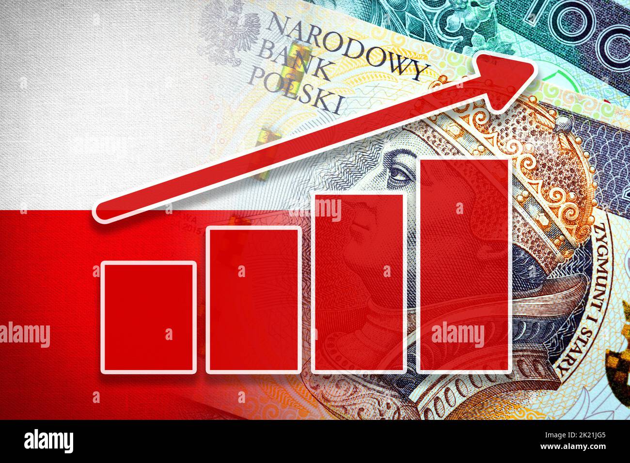 Wirtschaftsdiagramm: Steigender Pfeil, polnische złoty-Geldscheine und polnische Flagge (Geld, Wirtschaft, Unternehmen, Finanzen, Inflation, Krise) Stockfoto